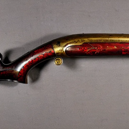 Image similar to an antique double - barreled shotgun made from glossy red - painted wood and elements of gold metalwork