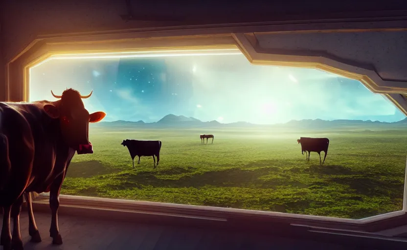 Image similar to incredible, mindblowing beautiful celestial view from interstellar hotel, with cows, matte painting, artstation, cgsociety, dramatic lighting, concept art, octane render, arnold 3 d render