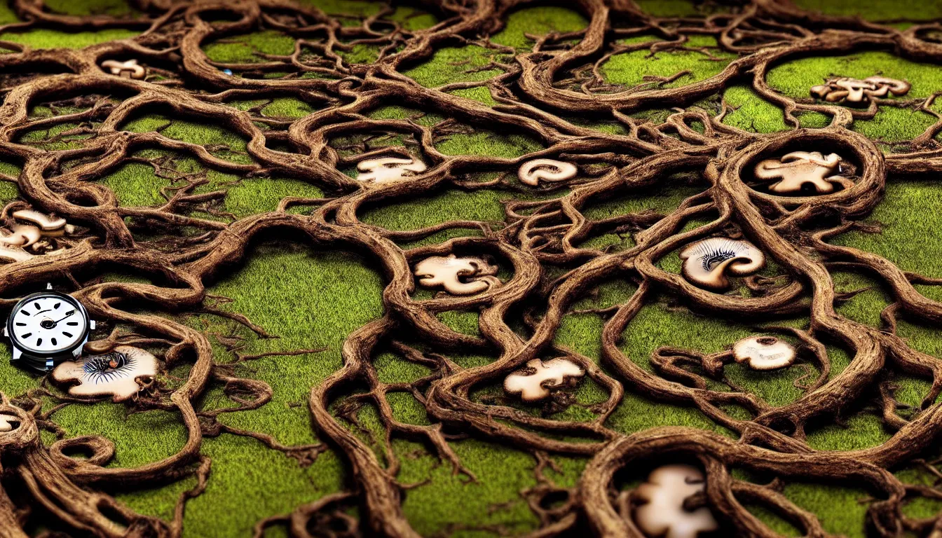 Prompt: detailed view from inside a clockwork watch japanese landscape, entangled roots covered in mushrooms, cracked earth, living spore microorganisms, decaying, rusty, hyper realistic photo, full colour, upscale, 8 k