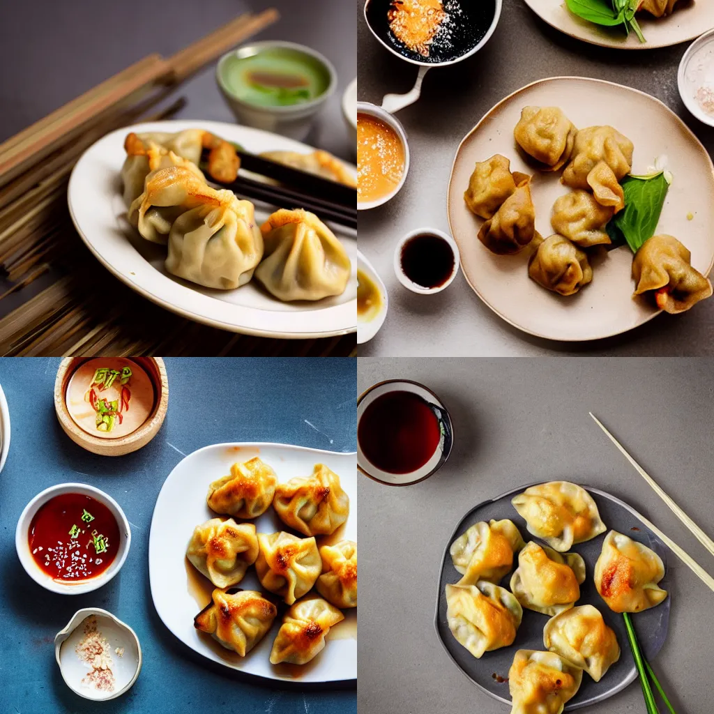 Prompt: mouthwatering fried dumplings, food photography