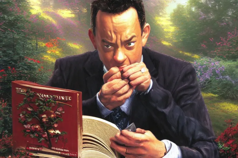 Prompt: thomas kinkade painting of tom hanks eating thick paperback book