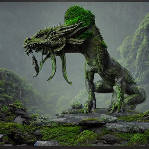 Prompt: epic ancient temple ruin with a statue of a dragon overgrown with moss in a dark lush green forest, dark night, glowing particles, volumetric fog, by Stanley Artgerm Lau, WLOP, trending on ArtStation, CGSociety, concept art, cgsociety, octane render, trending on artstation, artstationHD, artstationHQ, unreal engine, 8k