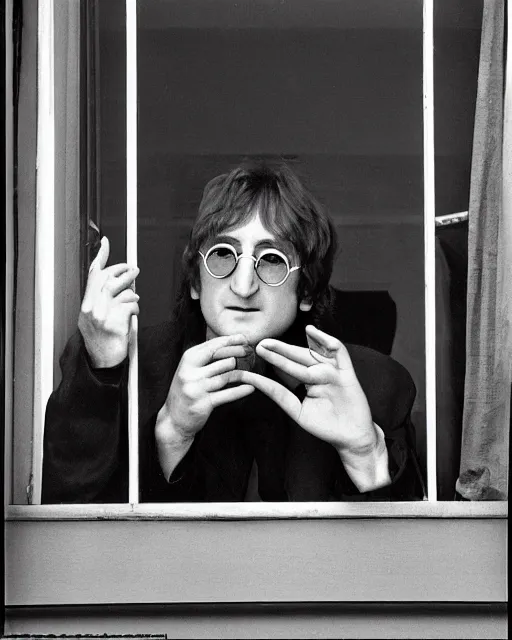 Prompt: john lennon looking out his nyc apartment window to see a ufo slowly flying by, the ufo is a round object, black or grey in the middle with blinking white lights wrapped around it and a red light on top. photorealistic, hyperreal, in the style of the x - files,