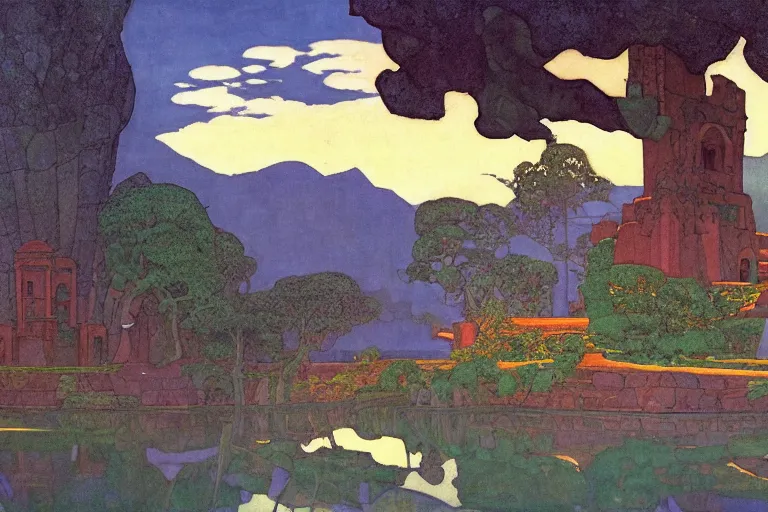 Image similar to ancient temple by a lake at dawn | by Edmund Dulac and Maxfield Parrish and Nicholas Roerich | ornate carvings| climbing vines| rich color | dramatic cinematic lighting | extremely clear and detailed