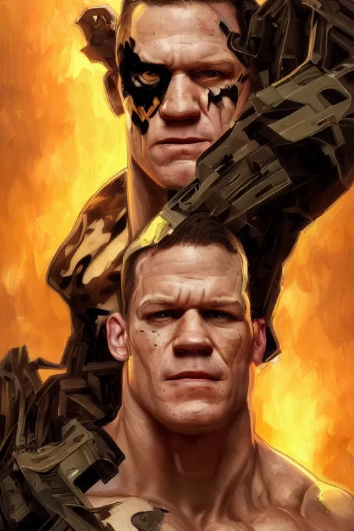 Image similar to portrait of john cena as harvey dent two face, godlike, upper body, fantasy, intricate, elegant, highly detailed, digital painting, artstation, concept art, sharp focus, illustration, art by artgerm and greg rutkowski and alphonse mucha