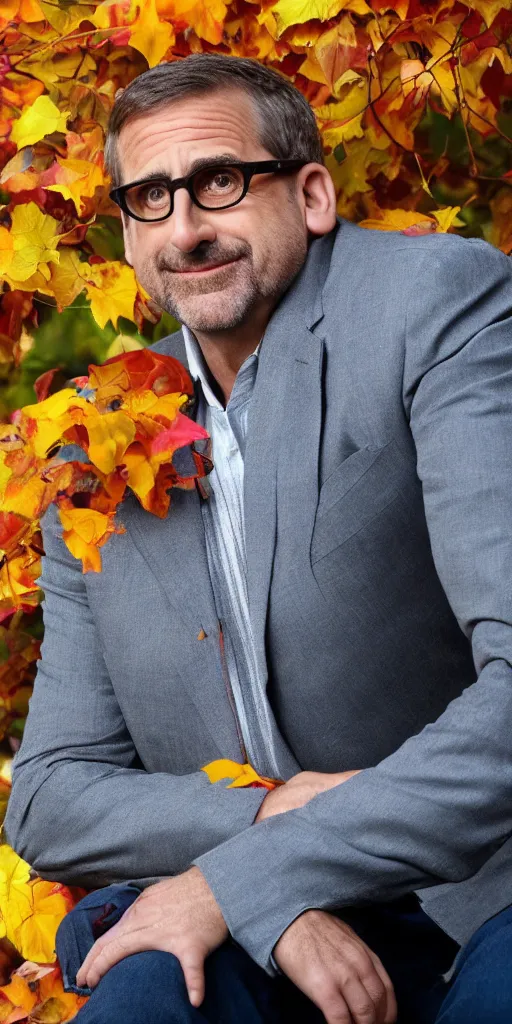 Prompt: Steve Carell is sitting relaxed on a sofa placed under colorful autumn tree
