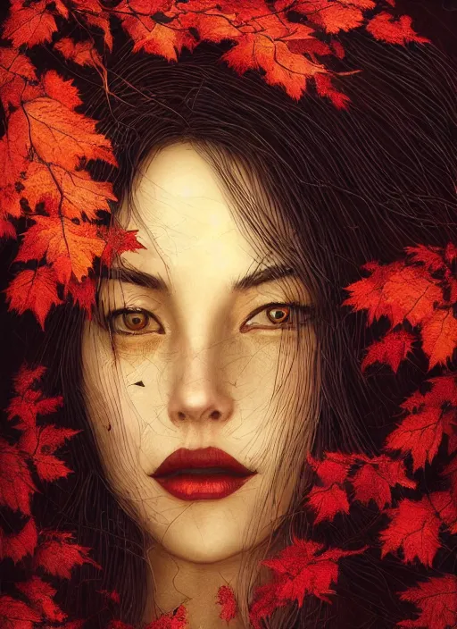 Prompt: gold red black color, golden leaves at frame border, creative!!! composition for a book cover!!!, absurdly beautiful, ultrafine hyperrealistic detailed old witch face by wlop and artgerm and greg rutkowski, intricate linework, sharp focus, smooth, octopath traveler, final fantasy, unreal engine, dramatic lighting, ethereal, 8 k