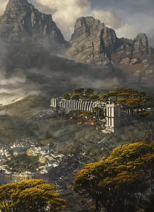 Image similar to chtulu attacking cape town city, table mountain, dense foliage beautiful details, strong composition by kim jung giu weta studio rutkowski, james gurney and greg rutkowski, and lucasfilm