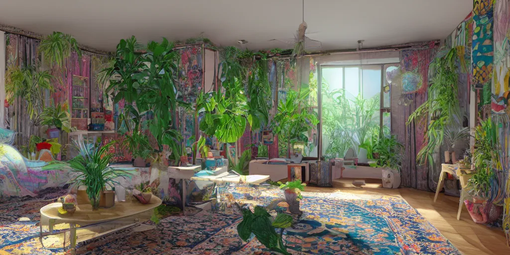 Image similar to 1 9 6 9 living in an older house, hippie pad, hippie chic, antiques, tropical houseplants, beaded curtains, posters on the walls, persian rugs, artstation, v - ray render, 8 k