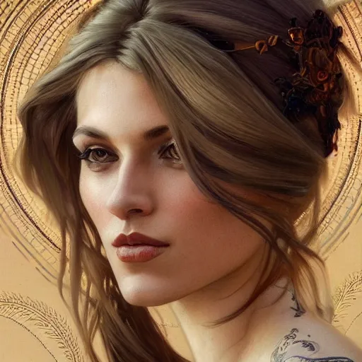 Image similar to ultra realistic illustration, a hot and beautiful tattooed blonde slavic woman in her 3 0's, intricate, elegant, highly detailed, digital painting, artstation, concept art, smooth, sharp focus, illustration, art by artgerm and greg rutkowski and alphonse mucha