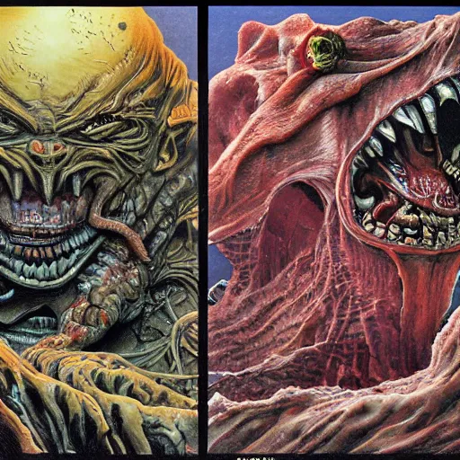 Prompt: eddie from iron maiden, bloated, fluid, smooth, organic, crazy, bright, colours, tumours, high contrast, sharpness, dramatic, very detailed, intricate, by giger and corben and moebius and beksinski and bosch and bacon