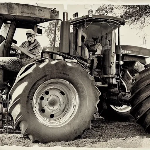 Prompt: a tractor surrounded by angry hillbillies wanting to disassemble it, color photograph, dramatic