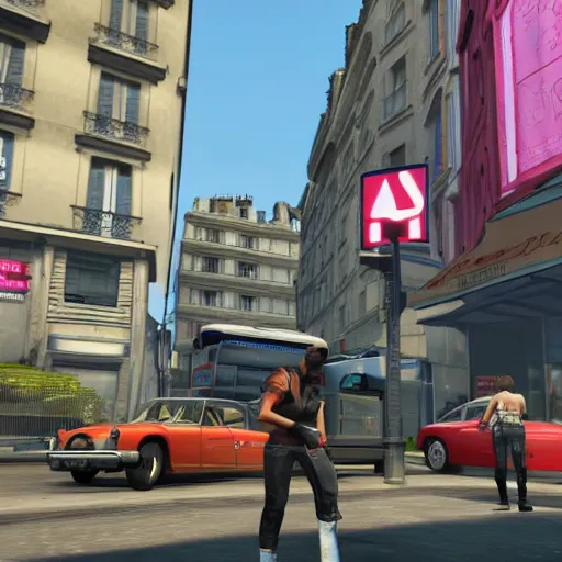 Image similar to promotional screenshot of grand theft auto videogame set in paris