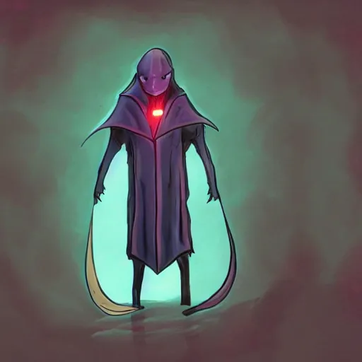 Prompt: concept art character with a vampire squid head and cape that is tall and thin that lives in an ocean setting in the apocalypse created by Dana terrace for a comic book with chromatic aberration and design influences from fret nice the video game