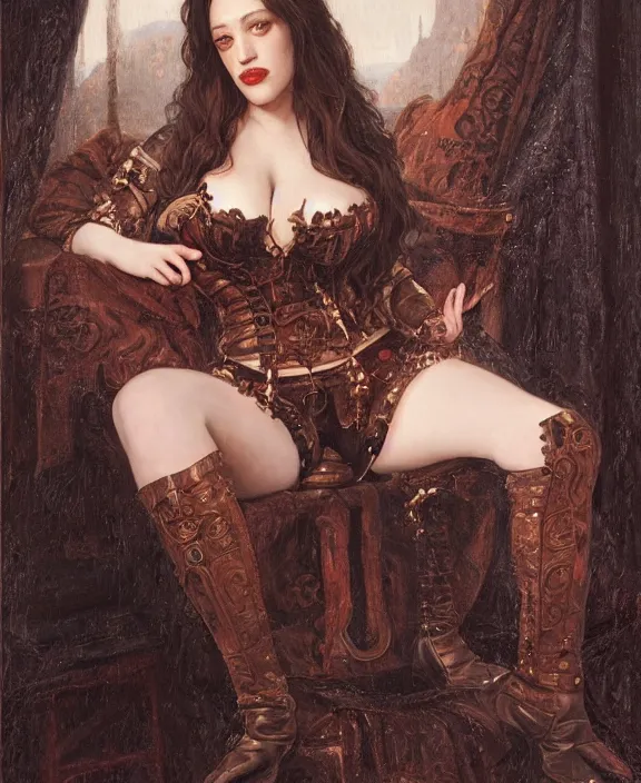 Prompt: a detailed hyperrealistic renaissance demon kat dennings wearing an a intricate beautiful thick leather garters set, honey birdette, realistic renaissance portrait, highly detailed, digital painting, artstation, concept art, smooth, sharp focus, cinematic lighting, art by artgerm and wlop and jules joseph lefebvre and john maler collier, ilya kuvshinov