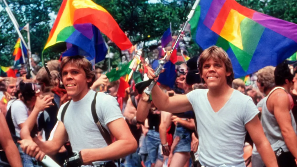 Image similar to rotj luke skywalker goes to pride, getty images, victorious, flags, parade, gay rights, bright smiles, daylight, twenty three year old luke skywalker at gay pride, 3 5 mm photography, very happy, smiling