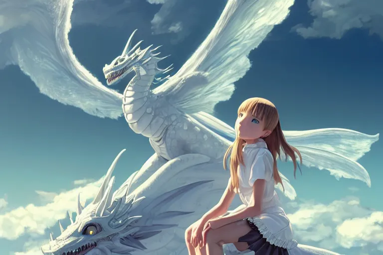 Image similar to a hyper detailed big render that a beautiful girl sitting on the back of a huge silver white dragon alone in fairyland surrounded by white clouds, finely detailed angelic face, style of studio ghibli, makoto shinkai, xision, ilya kuvshinov and artgerm, kazuki tanahashi, james jean, animation style, golden curve composition