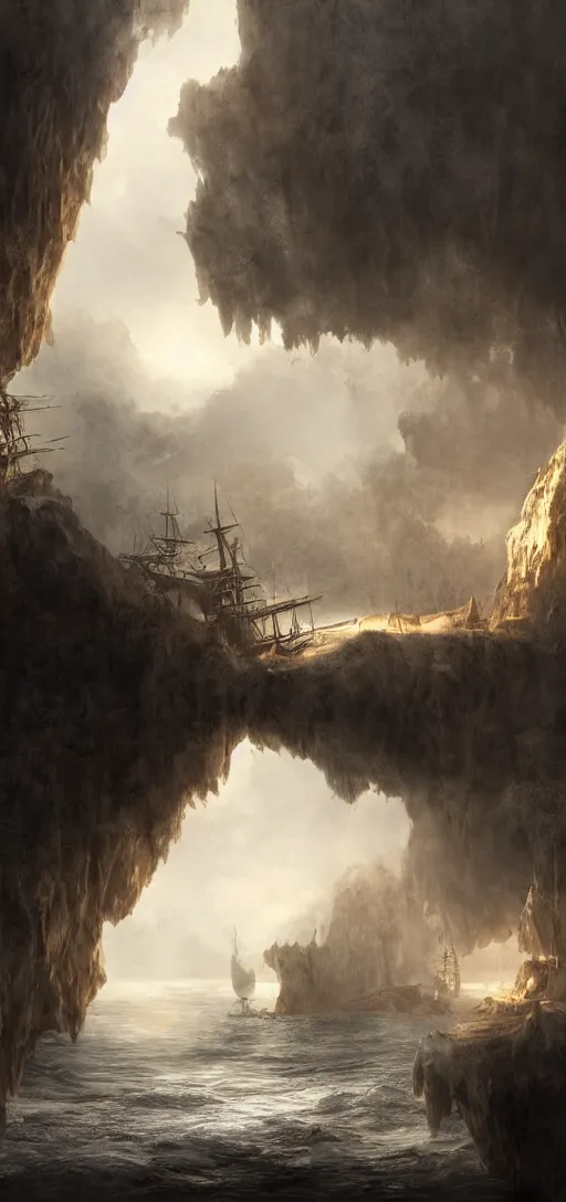 Prompt: matte painting of a sunken pirate ship in a cave, sails and rigging on fire, dramatic light, sunlight cones from an hole above, heavy fog, 8k, very detailed, concept art