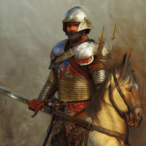 Image similar to persian knight standing with his weapons drawn, face is coved in a shadow, highly detailed painting by donato giancola and bayard wu, 8 k, digital art