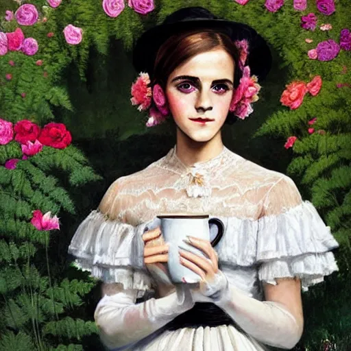 Image similar to painting on wall full body fashion model emma watson by Winslow Homer smokey eyes makeup eye shadow fantasy, glow, shimmer as victorian woman in a long white frilly lace dress and a large white hat having tea in a sunroom filled with flowers, roses and lush fern flowers ,intricate, night, highly detailed, dramatic lighting , high quality