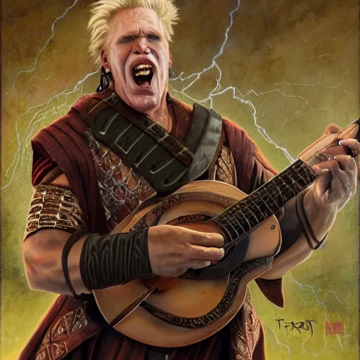 Prompt: detailed photo of a Half-orc bard portrayed by the gigachad Gary Busey with a lute, 8k,by Tristan Eaton, Stanley Artgermm, Tom Bagshaw, Greg Rutkowski, Carne Griffiths, trending on DeviantArt, face enhance, hyper detailed ,full of color, dramatic lightning, epic stance