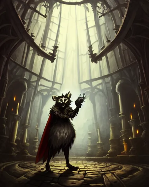 Image similar to anthropomorphic royal warlock raccoon casting a spell in a dungeon, dark souls, d & d, fantasy, intricate, action pose, elegant, highly detailed, digital painting, artstation, concept art, matte, sharp focus, volumetric lighting, illustration, hearthstone, art by artgerm, wlop, greg rutkowski and alphonse mucha