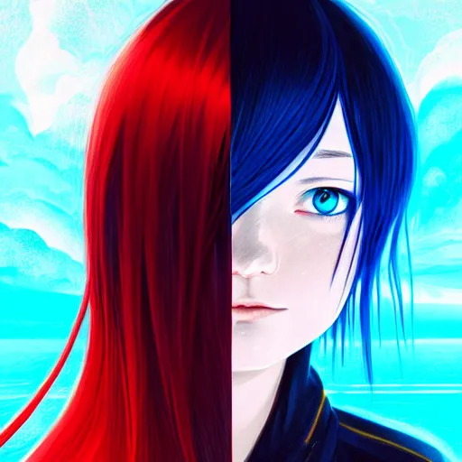 Image similar to red water swirling around rimuru tempest crying, enveloped in ghosts, sky blue straight hair, bangs, with amber eyes, black jacket, high collar, ultra fine detaile, dark theme, digital painting, psychedelic, cinematic, wlop, pixiv, ilya kuvshinov, ross tran