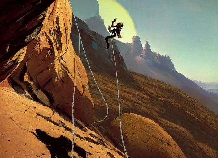 Image similar to an alien in climbing gear climbing a mountain on an alien planet, matte painting, by isaac levitan and asher brown durand,