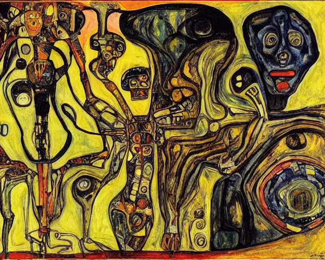 Image similar to a painting of a aliens and robots by graham sutherland, egon schiele, gustav klimt, expressionism