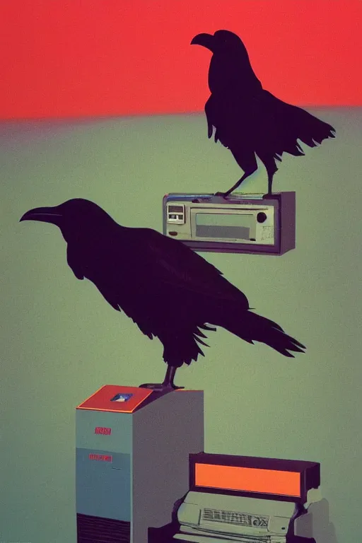 Image similar to a raven standing amongst 8 0 s era technology, vintage shapes, retro technology, dreamy color, wayne barlow, oil on canvas, deep depth of field, masterpiece, cinematic composition, hyperdetailed