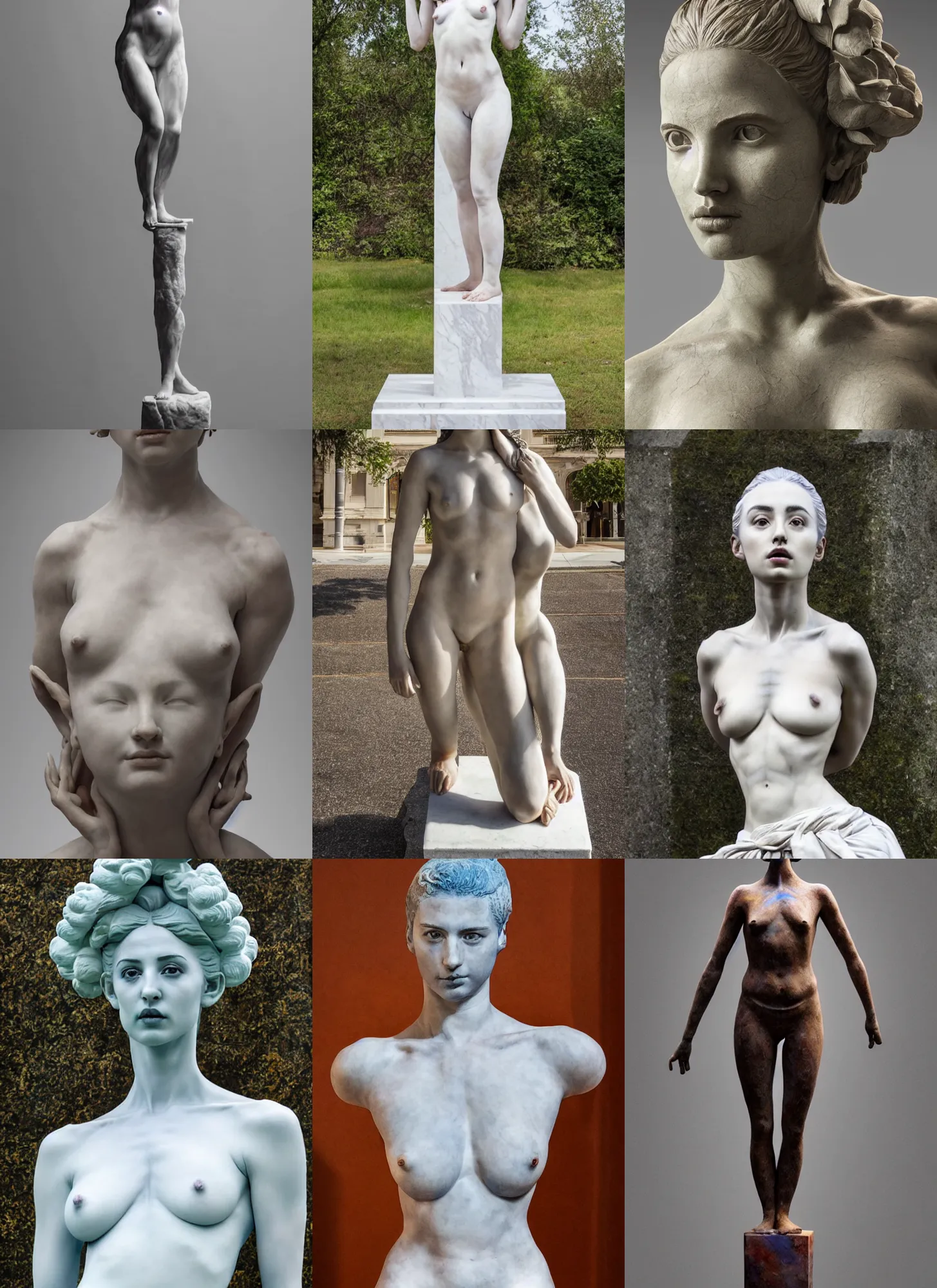 Prompt: sculpture statue of Ana de Armas by Jean-Baptiste Carpeaux and Luo Li Rong and Michael James Talbot, all body, standing athletic pose, perfect symmetrical face, psychedelic, bodypaint, colored, white marble, in full growth, elegant, realistic, 8K, female full-skin figure, hyperrealism, subsurface scattering, raytracing, rim light, Octane Render, Redshift, Zbrush