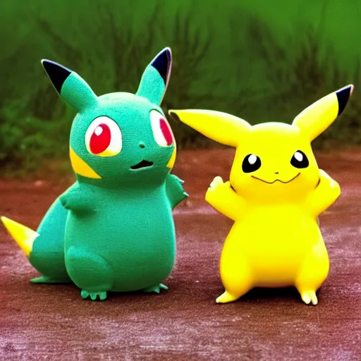 Prompt: 1 9 8 0 s photograph of pikachu and bulbasaur together