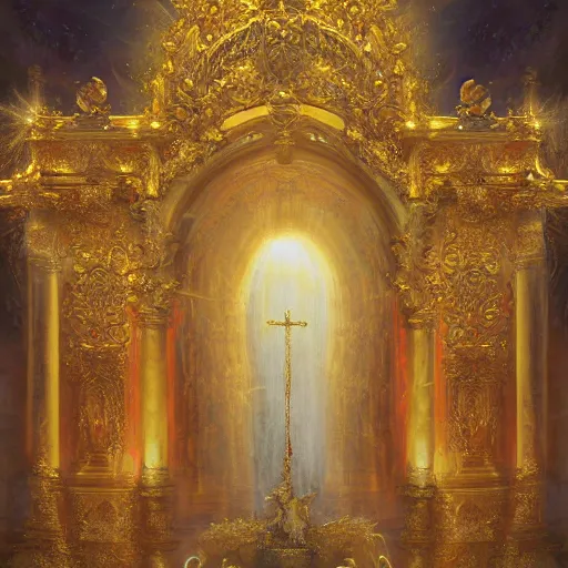 Prompt: angelic purity, heaven gate, baroque, hyper detailed ornament, 8 k, oil painting, holy lights,