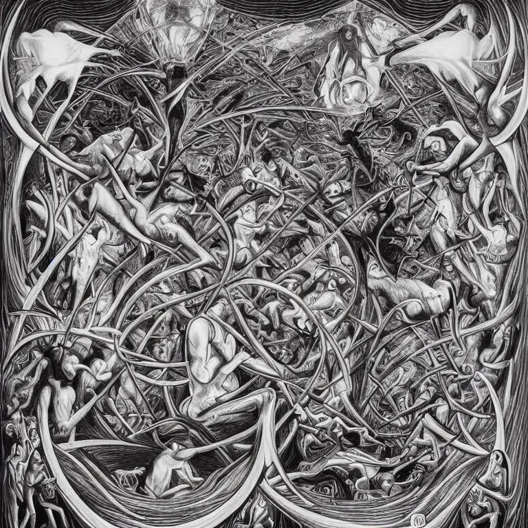 Image similar to meaning of death by Alex Grey and M. C. Escher collaboration