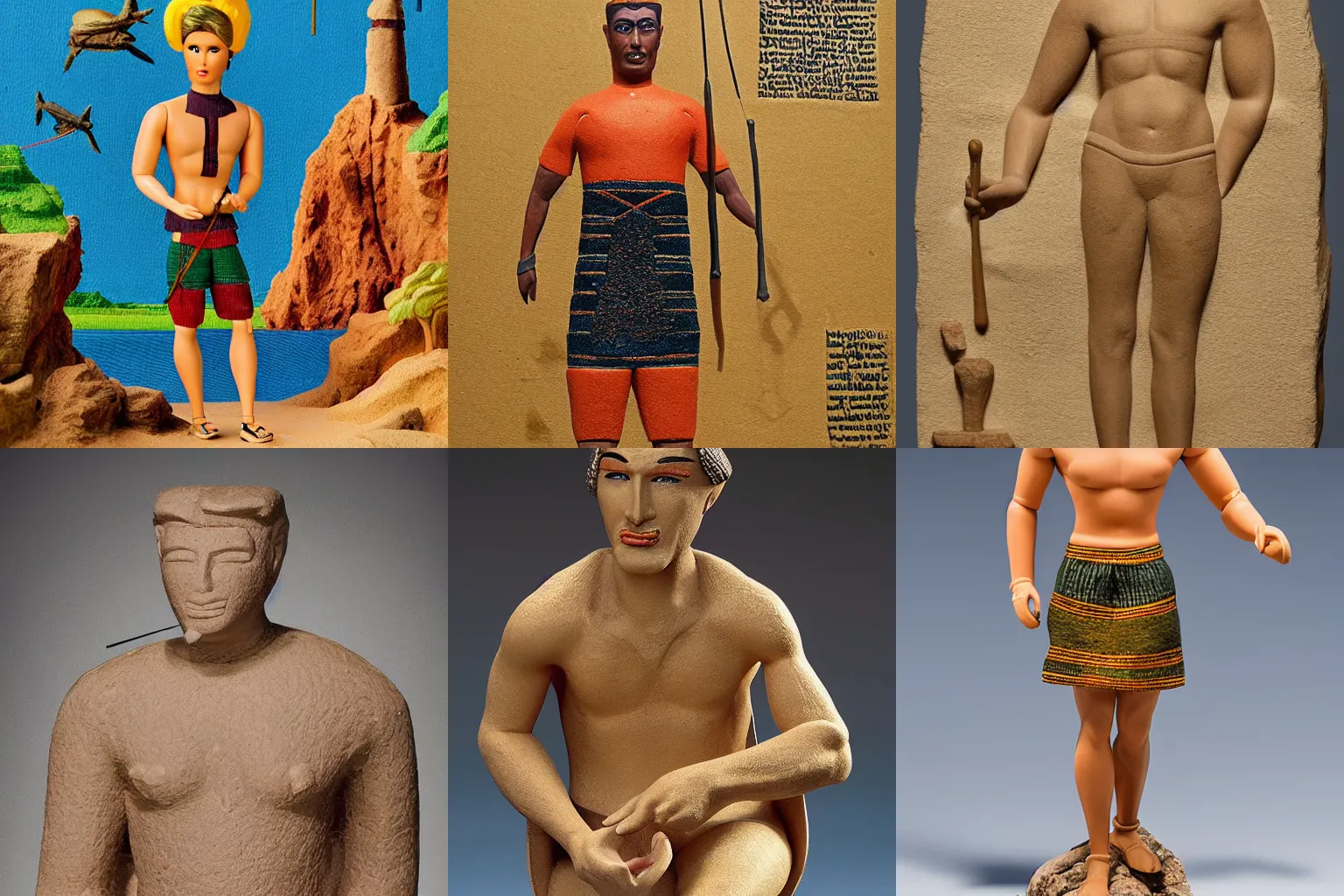 Prompt: ken doll, fisherman, landscape, art in the style of Mesopotamia 3000 to 4000 BCE
