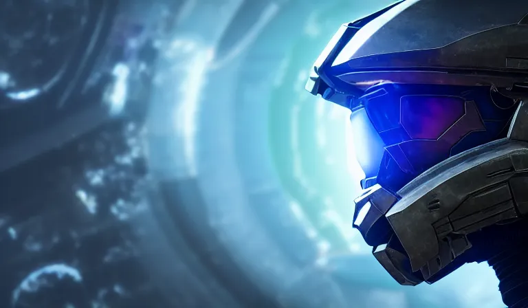 Image similar to cyberpunk halo helmet floating in space with reflections, epic, dramatic, photorealistic, award winning, 8k,