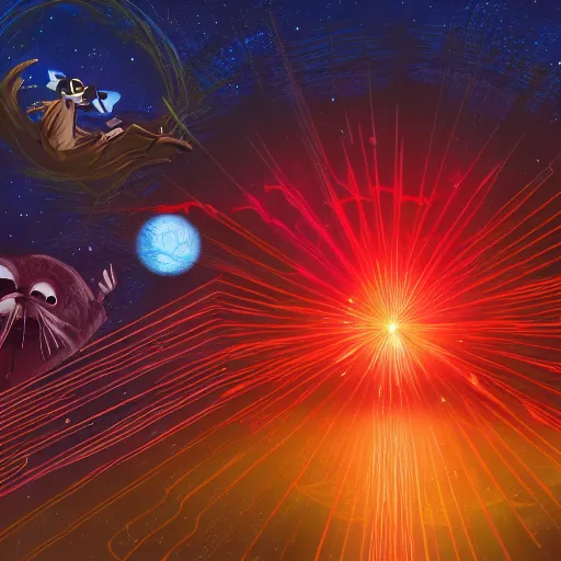 Image similar to laser war between racoons on a planet, blues against the reds, digital art, award winning 4K