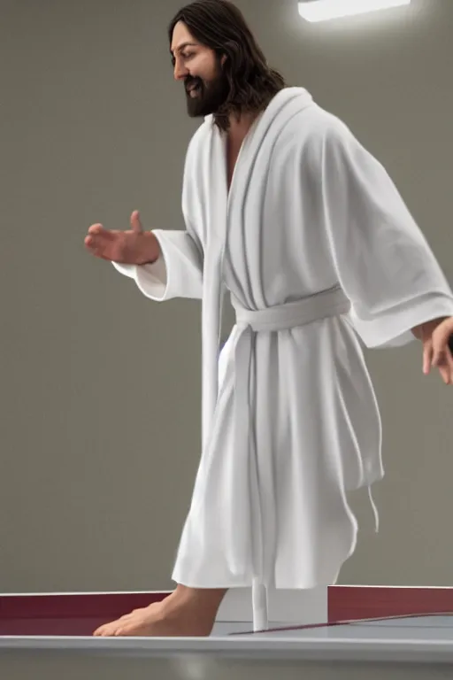 Image similar to jesus christ wearing a white robe strikes a dance pose in a hospital while playing epic game of ping pong, intricate, hyper detailed, accent lighting, dramatic light, 4 k octane render