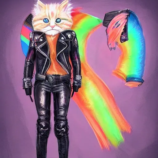 Image similar to wide angle full body, jacket wearing fluffy cute rainbow kitten wearing a black leather motorcycle jacket, cinematic concept art