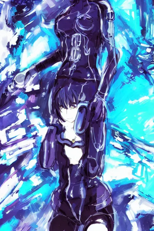 Image similar to manga cover art of a mysterious cyberpunk blue-haired anime girl wearing a plugsuit, serial experiments lain, painted by tsutomu nihei