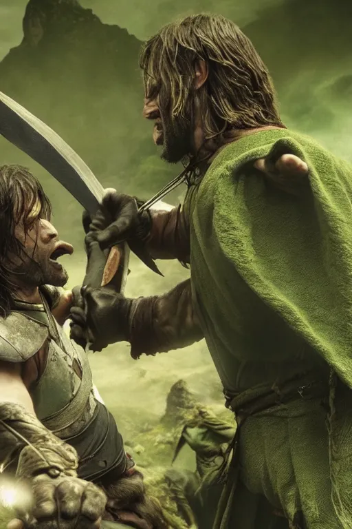 Image similar to aragorn fighting orc on a mountain, 4k,