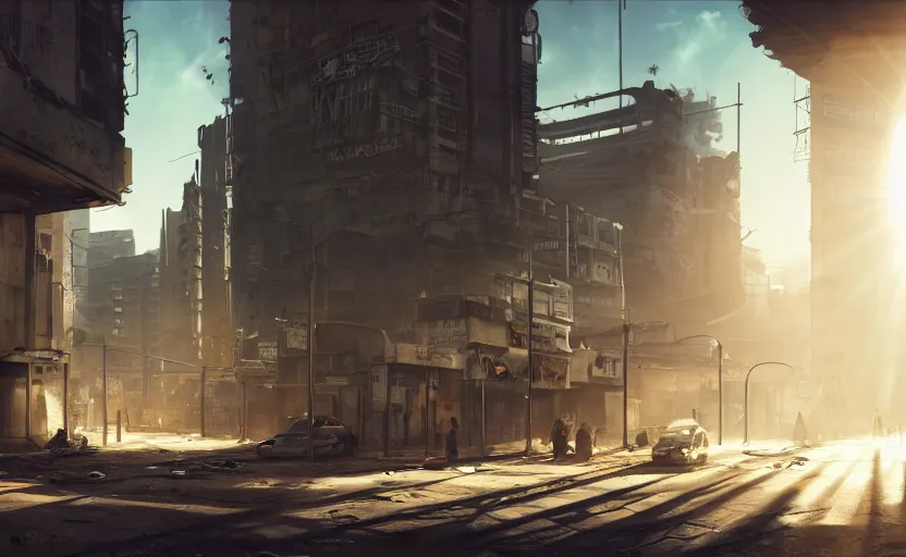 Image similar to photorealistic post - apocalyptic cyberpunk city streets. daylight. sunlight. lens flare. light fixtures. 8 k. detailed. photorealism. artstation. 2 5 mm f 1. 7