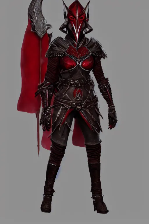 Image similar to female adventurer in tight full - body ebony leather armor of dunmer design with dark red cloth underneath and with a red porcelain crow mask, trending in artstation, establishing shot