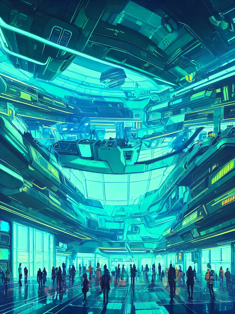 Image similar to the interior of a celestial spaceship cyberpunk airport with bioluminescent topaz teal green walls decorated beautifully, lots of cyberpunk design elements like humanoids and mecha robots, warm sunlight shining in, lots of cables and neon signs, concept art 8 k resolution, fantasy illustration, sharp focus, detailed painting, deep color, volumetric lighting, crepuscular rays