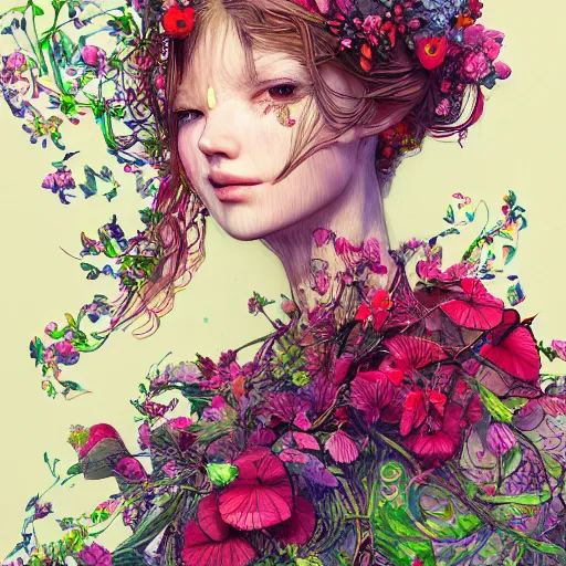 Prompt: the portrait of an absurdly beautiful, graceful, elegant, shy young woman made of strawberries and green petals, an ultrafine hyperdetailed illustration by kim jung gi, irakli nadar, intricate linework, bright colors, octopath traveler, final fantasy, angular, unreal engine 5 highly rendered, global illumination, radiant light, detailed and intricate environment