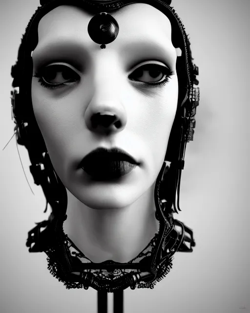 Image similar to black and white dreamy foggy smoky profile face portrait, one silver steampunk realistic eye biomechanical beautiful young female cyclope - cyborg - robot bust, body ribs meshes,, volumetric light, hibiscus flowers, by hg giger, rim light, by dora maar and cecile beaton, big gothic fashion pearl embroidered collar, 8 k