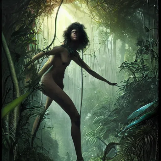 Prompt: a hyperrealistic illustration of a dark figure in a jungle, Jungle with fractal sunlight, award-winning, masterpiece, in the style of Tom Bagshaw, Cedric Peyravernay, Peter Mohrbacher