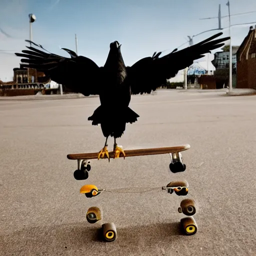 Prompt: a photo of a crow riding a skateboard