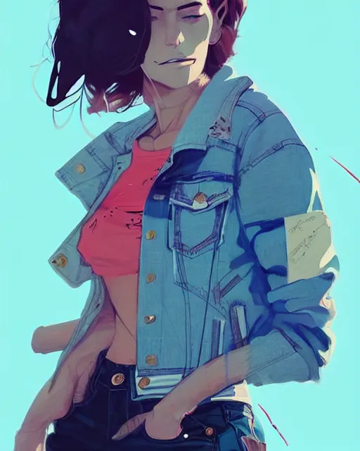 Prompt: a ultradetailed beautiful painting of a stylish woman in a denim jacket and shorts, by conrad roset, greg rutkowski and makoto shinkai trending on artstation