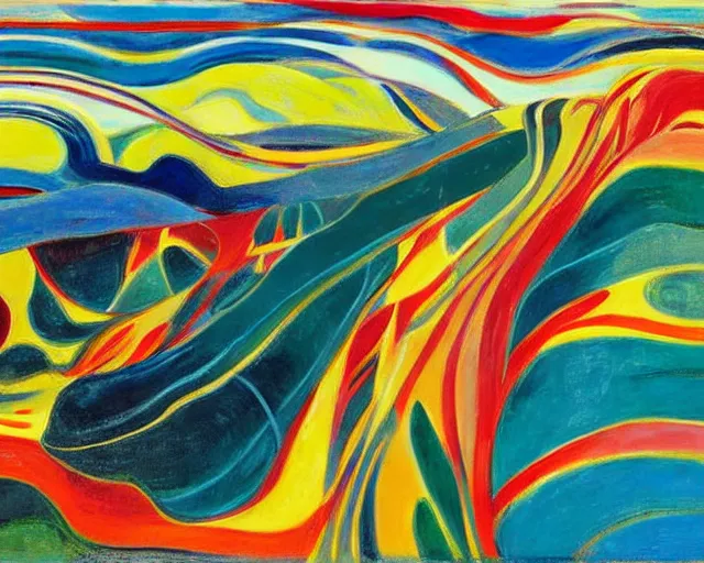 Image similar to A wild, insane, modernist landscape painting. Wild energy patterns rippling in all directions. Curves, organic, zig-zags. Saturated color. Mountains. Clouds. Rushing water. Wayne Thiebaud. Edvard Munch. Zao Wou-ki.
